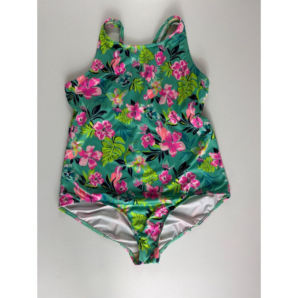 Lands' End Girls 16+ Tropical Floral One Piece Swimsuit Cross Back Teal Pink